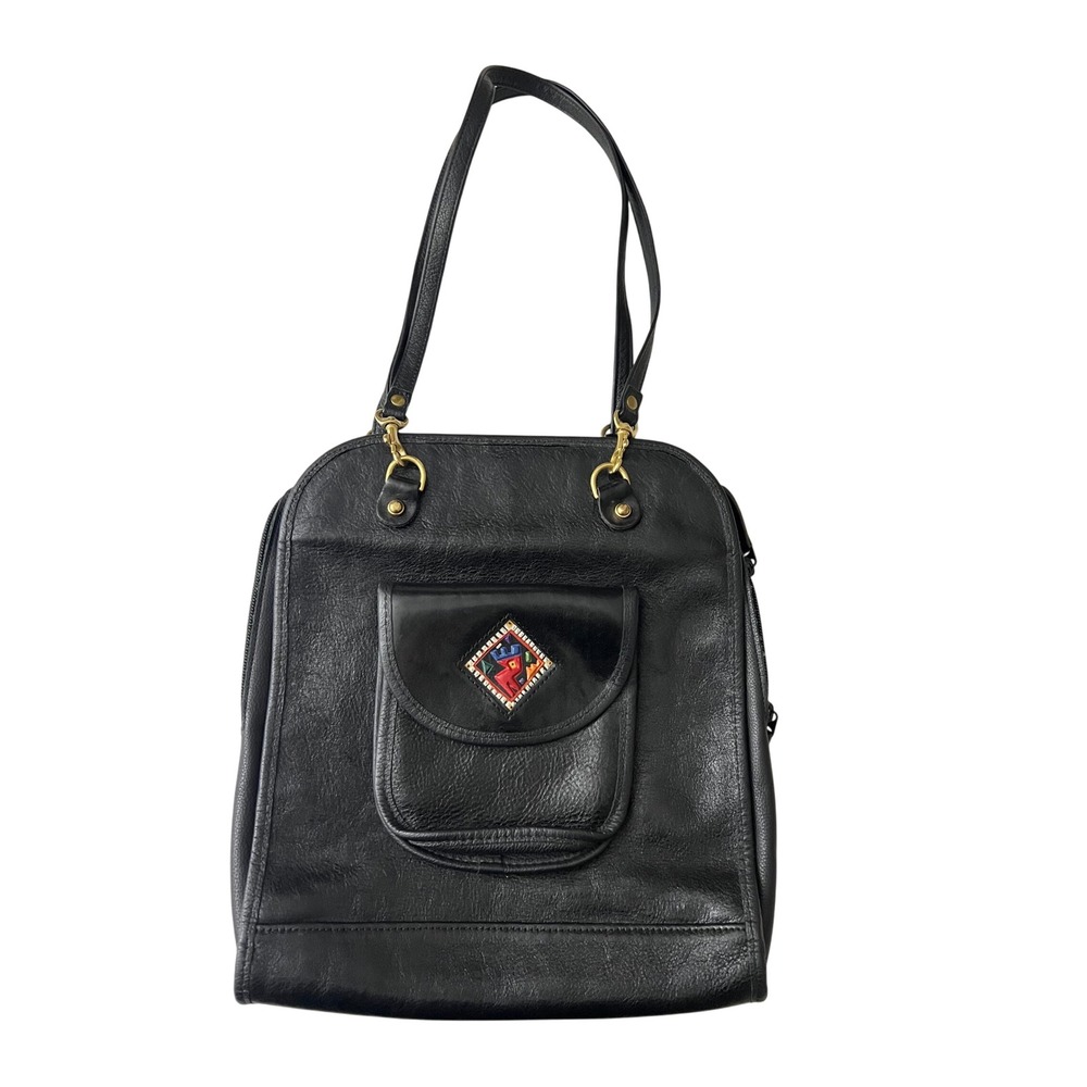 Turtle Ridge Leather Shoulder Bag Backpack Women Large Black Art Deco Patch
